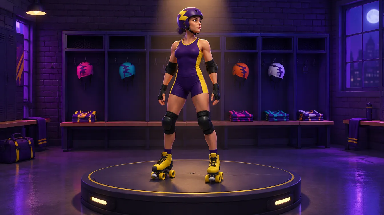 Editor tim: skater berseragam ungu dan kuning di panggung putar ruang ganti, sarung helm pink, toska, oranye, dan putih tergantung di loker.