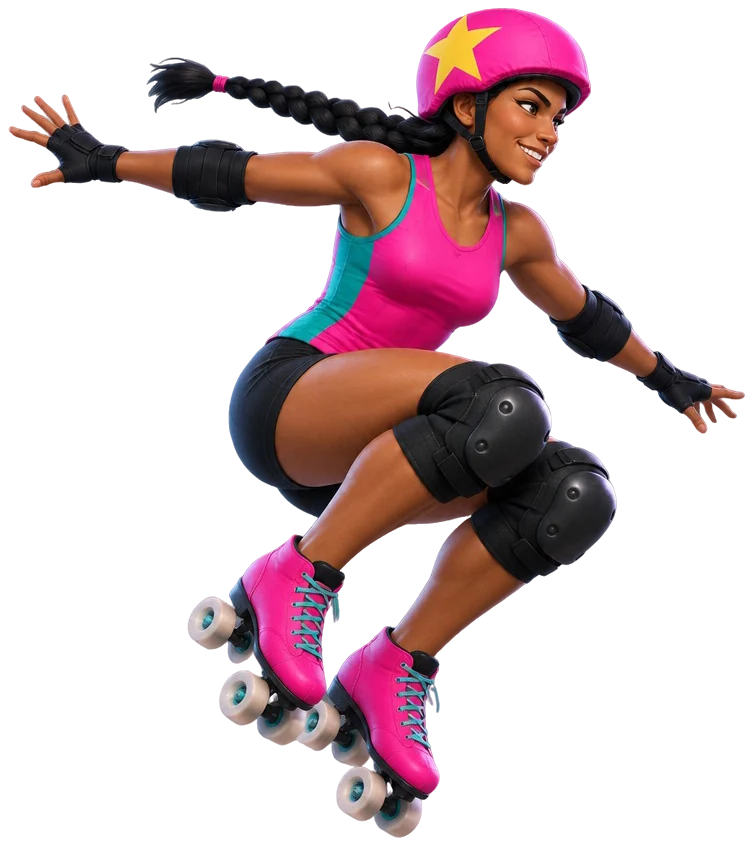 Roxie Kalani berhelm pink bersarung bintang kuning, kepang hitam terurai, melompat dari kiri ke kanan dengan kedua lutut terangkat.